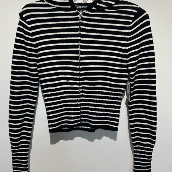 Harper & Ivy Women's Black White Stripe Full Zip Hooded Sweater Medium NWT - Picture 1 of 7